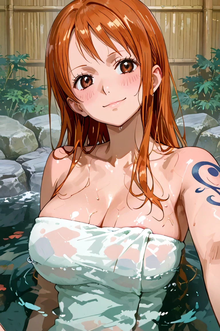 a cartoon picture of a woman in a bikini top and jeans, nami one piece, nami from one piece, nami, beautiful portrait of nami, from one piece, oppai, blue eyes, smoking, ponytail, nsfw