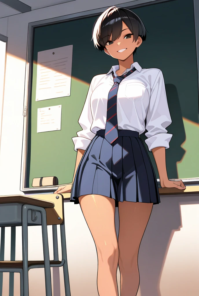 full bodyesbian,Two-dimensional woman,high school senior,short detailed hair,Black hair,Classroom,short skirt,perspire,thick thight,
