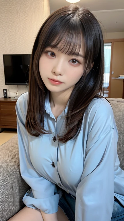 17-year-old girl、Beautiful and exquisiteな顔、Perfect and beautiful face、Beautiful and exquisite、Big eyes、Brunette's eyes、Beautiful and exquisiteな顔、Perfect and beautiful double eyelids、Natural Bangs、Beautiful and thin nose、Beautiful Skin、Black natural hair、Long Hair、Natural Bangs、Perfect and beautiful face、Slim face and figure、、Shoulder-length layers、Asymmetrical bangs、Japanese Idols、膝までのアングル