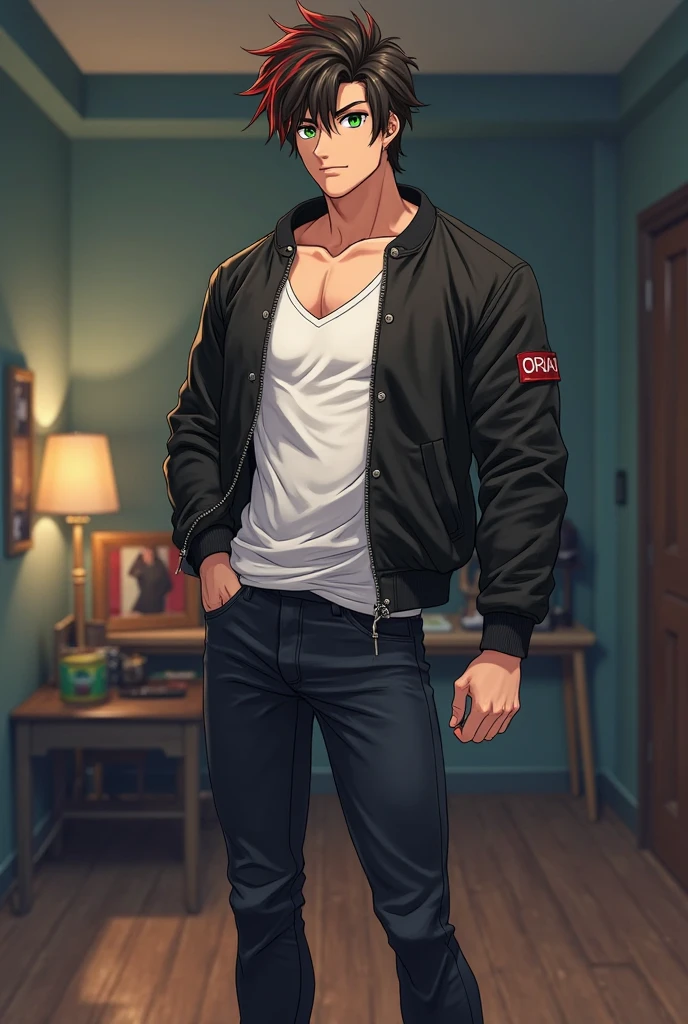 Best quality, masterpiece, intricate details, muscular male vampire, extremely pale skin, red eyes, seductive look, wolfcut blond hair, tight leather jacket and denim jeans, grabs bulge, leaning against brick wall in dimly lit alleyway, at night, gay, homoerotic, best view, best art style, perfect fingers, no watermark, no logo, no signature