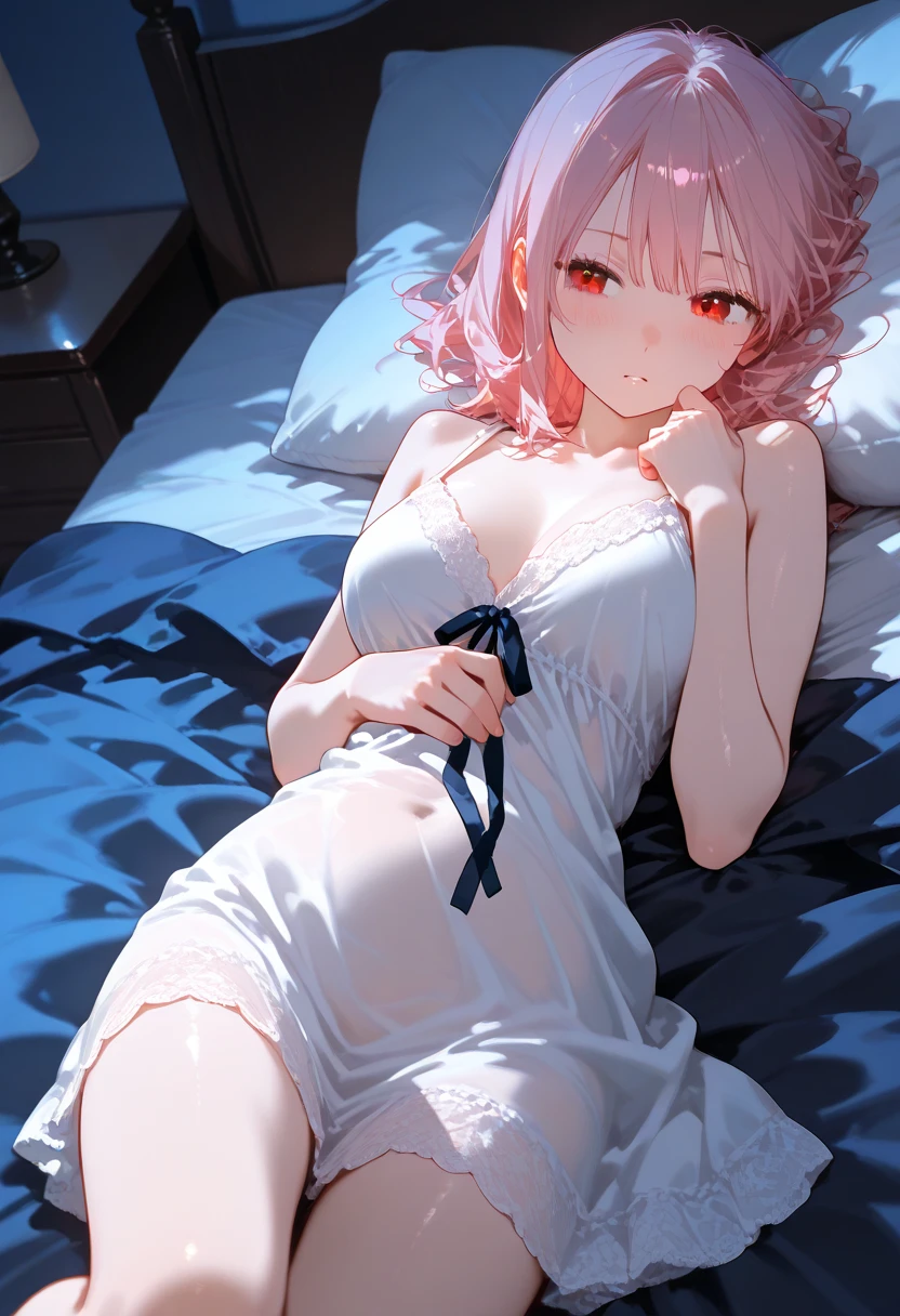 , ((camisole、clothes are exposed、Sexy Underwear))、(Light pink hair color、Red inner color hairstyle), Beautiful Hair, Facial Contour, Remember, ,Hotel, splash, Lens flare、night,illumination、Natural Color, High resolution, Very delicate, Very detailed, 8k,Lying in bed、(Breast size around B cup)、Shyness,((Sexual)),((Sexy feeling)),Angle from the feet