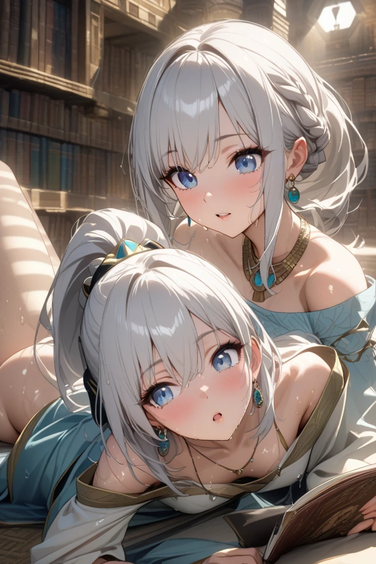 (snowing, Winter season, Christmas tree, Christmastide:1.3), full bodyesbian, Masterpiece, (bend at the waist, The best quality at its best, official arts, very detailed CG 8k wallpaper, (Flying petal)(Detailed ), Crystalline skin texture, Grim expression, (Fox ear), white colored hair, long white colored hair, messy hair, Cyan eyes, Average Breasts,, looking a viewer, Hands are truly optimized, The foot is really and intelligently optimised, extremely fine and beautiful, hight resolution, (Lace Underwear, Silky), Exposure of the navel, Пижама из слинга из черного шChristmas tree, Leg Choke Rings, Close-up on feet, Unilateral ponytail with very long white colored hair, Smile, flushed face, lie down, Large resolution, closeup of hand, The lines are clear and realistic, The photo is realistic, Best Quality, Masterpiece, Extremely refined and beautiful, Finest Detail, CG 8K, Amazing neckline, Finely detailed, Masterpiece, The best quality at its best, extremely detailed CG unity 8k wallpaper,