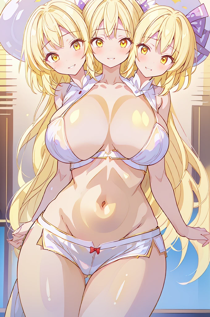 (masterpiece, best quality), best quality, (ultra-detailed), ((3heads:1.5)), 1girl, (yakumo ran:1.3), masterpiece, best quality, ultra quality, ultra resolution, ultra detail, blue top, crop top, ((stomach)), midriff, ((groin)), blue skirt, normal ears, shackles, blonde hair, very long hair, wavy hair, sidelocks, yellow eyes, detailed eyes, parted lips, single horn, sweat, cute, toned belly, hand on own chest, eyelashes, (25 year old woman:1.3), (masterpiece:1.5), (best quality:1.5), (beautiful detailed extremely detailed CG, extremely delicate and beautiful, depth of field, (finely detailed face), (perfect details:1.2), (mature female:1.3), wide pelvis, slender, large veiny breast, 16k resolution, highres, high quality, high definition, extremely detailed, masterpiece, blonde hair, long hair, alluring presence, braid, short skirt, close up, very big tits, huge tits, young, bob cut, fox ears, fox girl, fox tail, multiple tails, frilled hat, hat, girl with three heads, three headed girl,
