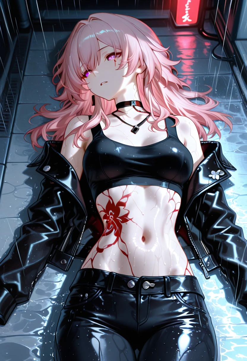 Young girl, long pink hair, red eyes, small shorts, eyes, leather jacket, open belly, small breasts, very long sleeves, claws, Masterpiece, best quality, Full HD, 8k, ultra details, great graphic