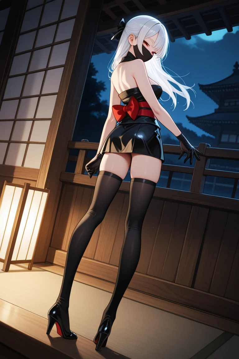 detailed image, realistic image, coherent image, 1 girl, has long white hair, her eyes are light blue, long eyelashes, oval face, smiling happily, wearing an off-shoulder sweater, pleated plaid mini skirt, thin thong, sneakers. Her body is curvy with medium breasts, thick thighs. Smiling, view from behind, uniform background, black background, ambient light, volumetric light,kiana_kaslana, hair ornament,round ass