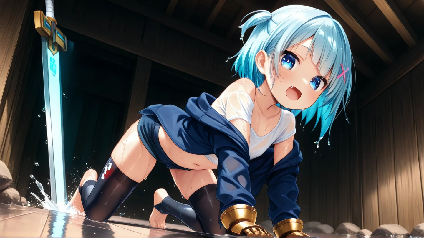 (Small breasts)、、Slender beautiful girl、Bright blue hair、Embarrassed、Full nudity、A large amount of  spurting out from between her legs、Soaking wet、A lot of white fluid in the body、Breast milk spurting out、orgasm、On all fours、Hands on the floor