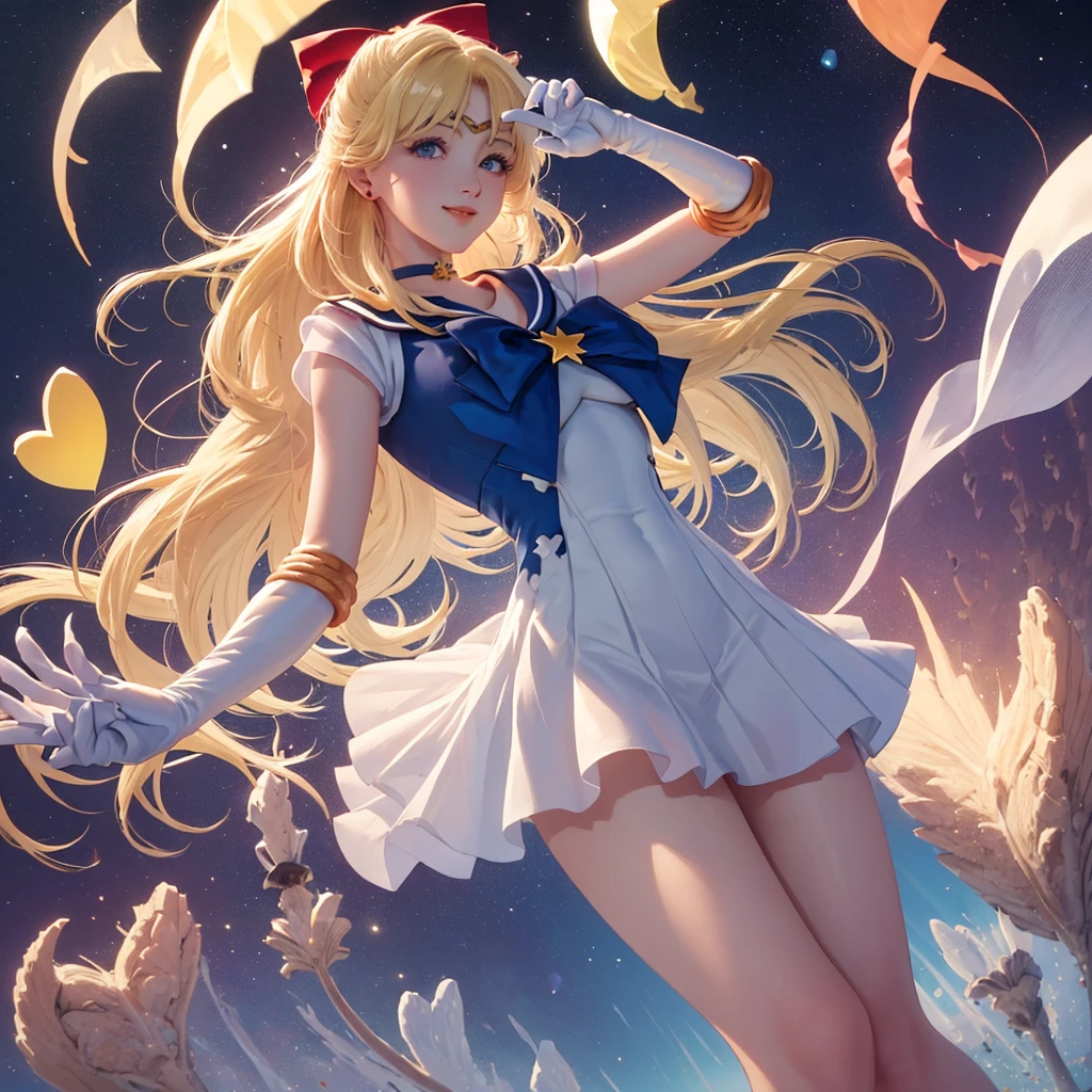 1girl, sailor moon, space buns, blonde hair, sailor outfit, holding wand, blue eyes, details, smiling, moon background, beautiful, white boots,