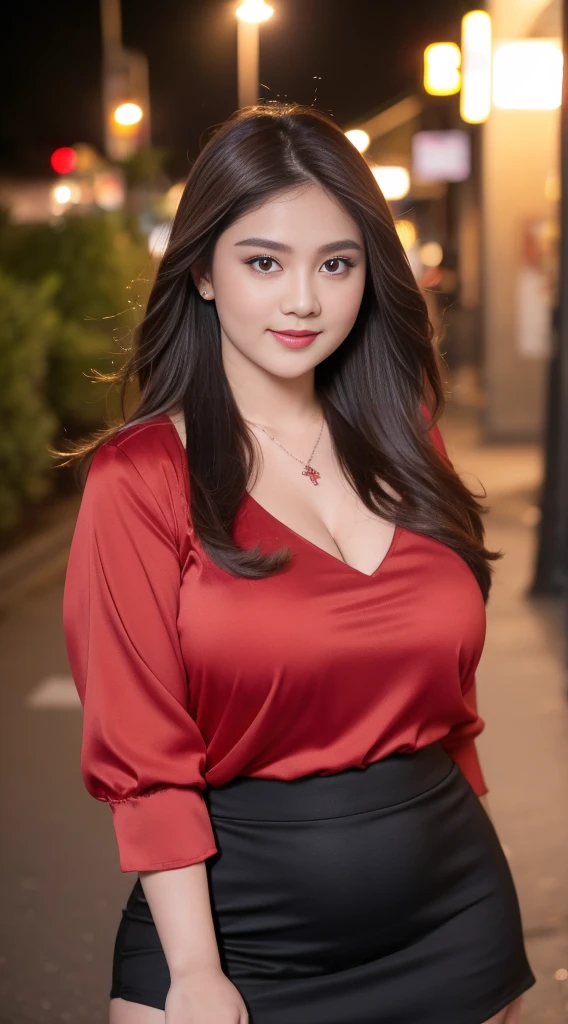 1girl, (wearing short sleeves, red plaid shirt),(RAW photo, best quality), (realistic, photo-realistic:1), masterpiece, an extremely delicate and beautiful, extremely detailed, 2k wallpaper, Amazing, finely detail, extremely detailed CG unity 8k wallpaper, ultra-detailed, highres, soft light, beautiful detailed girl, extremely detailed eyes and face, beautiful detailed nose, beautiful detailed eyes,cinematic lighting,(in the city at night),(night city view),perfect anatomy,(slender body),(smiling:),(upper body:1),(eyes wide:1),(looking at viewer:1),(front view:1.0),cinematic angle,(smooth long hair), (brown eyes:1),(standing:), (cleavage:1),  <lora:add_detail:0.5> <lora:Dilraba_V1:0.9>