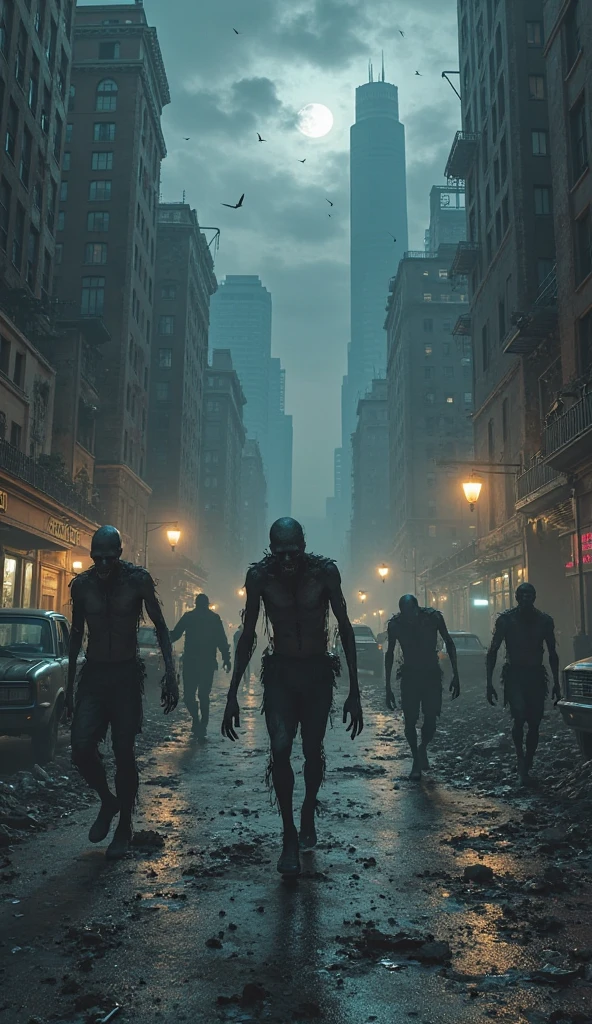 a group of zombies wandering through a foggy, mysterious New York City, Manhattan, (best quality,4k,8k,highres,masterpiece:1.2),ultra-detailed,(realistic,photorealistic,photo-realistic:1.37),dark fantasy,horror,moody lighting,dramatic shadows,cinematic composition,dystopian,desolate city,eerie atmosphere,dense fog,gloomy,ominous,haunting,unsettling,abandoned buildings,crumbling architecture,mysterious,supernatural,undead,gruesome,creepy,unsettling,muted colors,deep shadows,dramatic lighting
