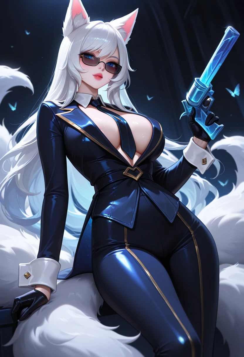 (plain background) 1woman Cammy White like drow elf purple skin (purple skin) long white hair, earring with purple gem, purple gloves, purple lips, white wedding dress with purple corset, ornate clothes, tall, big breasts, blushed face, smile, red cheeks, pearl necklace, leather collar, glossy lips, sparkling shinny skin (hair flower) (flower rose) (purple rose) realistic, classy, elegant, refined (cross belt blindfold)