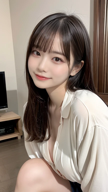(8k, RAW Photos, Highest quality, masterpiece, Realistic, Photorealistic:1.5), clear, Professional Lighting, Ultra-high resolution,Super detailed, Japanese single women, Well-balanced physique, Curved body, (small height:1.5), (Blunt bangs:1.3), Medium Long Hair, Brown Hair, Average chest, (Round face:1.3), Beautifully detailed face, (No Make Look:1.5), Beautifully detailed skin, Skin Texture, capture (Selfie:1.8) With a shy smile, She is in uniform.