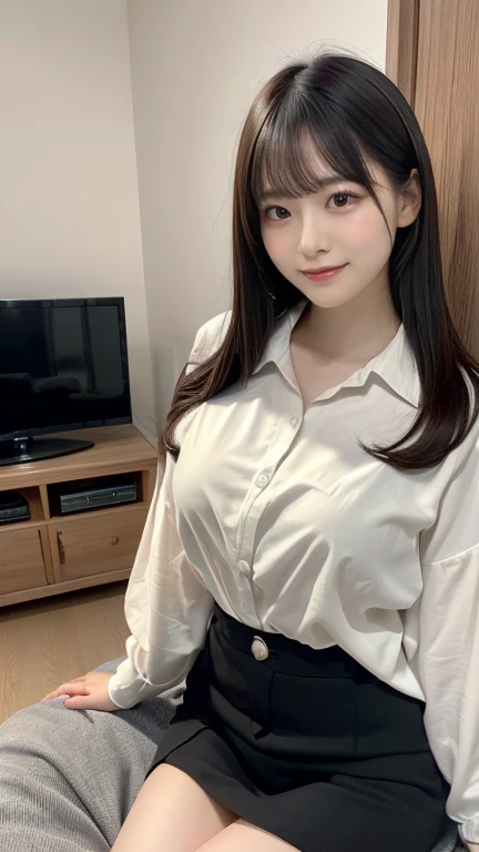 in 8K、超A high resolution、Best Quality、masuter piece、Photorealsitic、The ultra -The high-definition、(huge tit、Pretty big breasts、Hide all breasts、toned body:1.18)(Always office lady、Always wear a white shirt、Must wear a tight gray skirt and jacket、Office in a high-rise building:1.3)(Brown Longhair、A Japanese Lady、Super cute、Cute smile:1.28)Black Pin Heels
