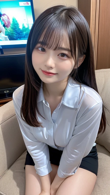 Wearing a navy suit、Wearing a navy miniskirt、squatting