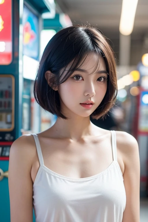 Curly Bob Kat, Realistic, orange shirt,A black-haired woman is taking pictures in the city., High resolution,High resolution, 8kアートクロックボケ, well-proportioned body, 美しいJapanese女性, Gorgeous Necklace, Be careful with your chest,美しい若いJapanese女性, Soft Portrait Shot 8k, Japanese, Double eyelids and narrow eyes, beautiful grey eyes, 8k, Cute young woman, Japanese女性,