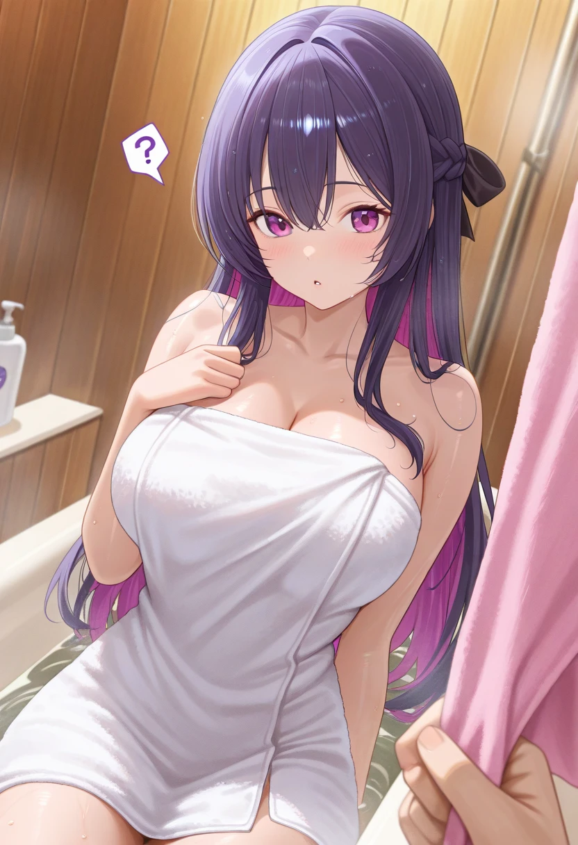 I'm Yoshiko, I'm a white-skinned woman with long purple hair and light green eyes. I am 1.68 cm tall and weigh 56 kg, my breasts measure 310 cm, my waist 60 cm and my hips 200 cm. Dressed in a white Babydoll Open Translucent Tulle Lace. With big breasts 310 cm