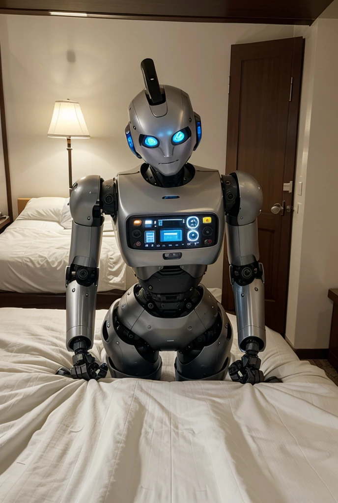 1 girl, mecha, combat robot, mechanic body, bedroom, fat ass, wide hips, curvy, huge breasts, tall robot, faceless, full body, voluptuos, masterpiece, ultra high quality, detailed hands, detailed body, sitting on bed, arms up and resting on head, cinematic picture,