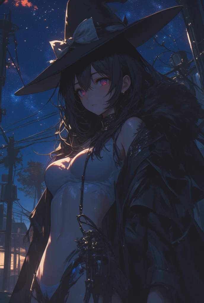 best quality, masterpiece, 1 girl, (silhouette lighting:1.3), contrapposto, 13 years old, (head shot, upper body:1.5), ultra detailed face, light brown two braids hair with bangs, hourglass figure, oily skin, black big witch hat, black bikini, cloak and glove, (underboob:1.2), her sweating a lot, (graveyard at night:1.3), supermoon