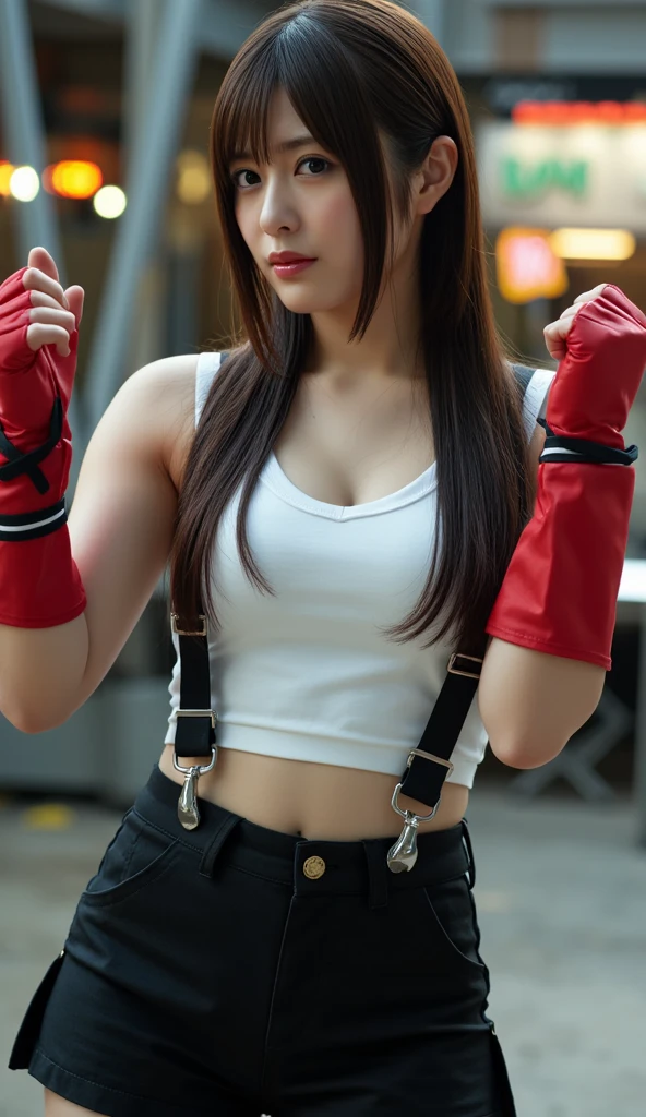 girl in sportswear、Supermodel、perfect shape、、sports girls、beautiful feet、、headphone、Innocent face、A beautiful girl in sportswear punches a man with a smile、fight,back alley background