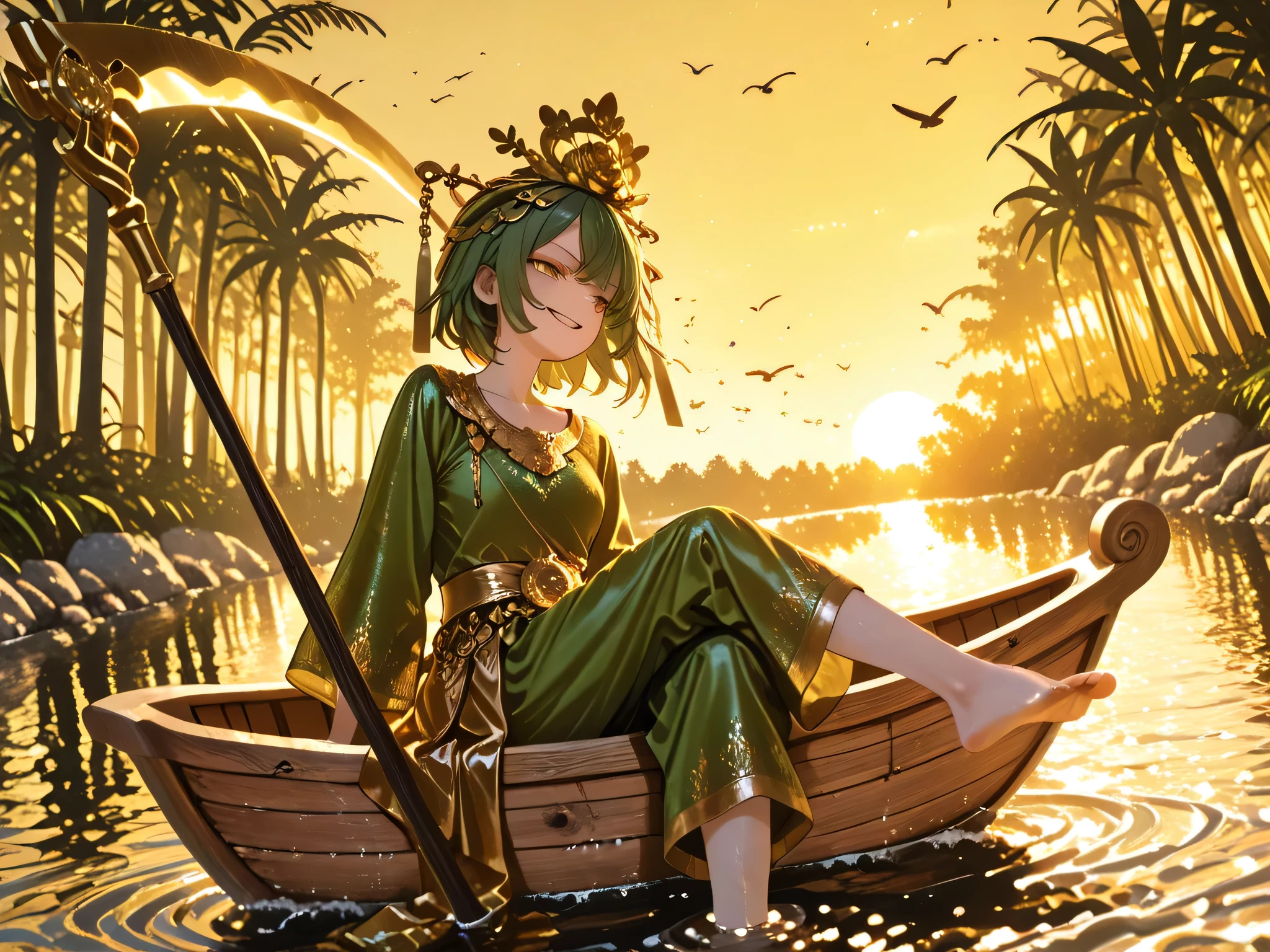 young girl Wearing a golden green scythe dress, Wearing ancient Thai clothes, face up, Looking Forward, Arrogant Glitter, Smirking, Wearing Thai bandana, golden cloth used in place of pants, Gold-rimmed bird costume, amber eyes, wearing a golden crown, sitting in a small wooden rowing boat, wearing a golden Thai Rum crown hat, feet immersed in water, taking off feet, kicking back, In the river, Tilted neck , Thailand, Rattanakosin, without construction, Create music album images, . Background far away is a coconut forest., above orange sky, Create phonk music cover, Cracked tones, reflective , ดวงอาทิตย์ reflective ในนั้าอ่อนๆmeme, meme, ก้อนเมฆmeme, Evening sky, Poster images, ทิวทัศน์memeผสมผสานความน่าขนลุก, top body model, yellow background, The camera angle is facing up from the river, foot zoom camera.