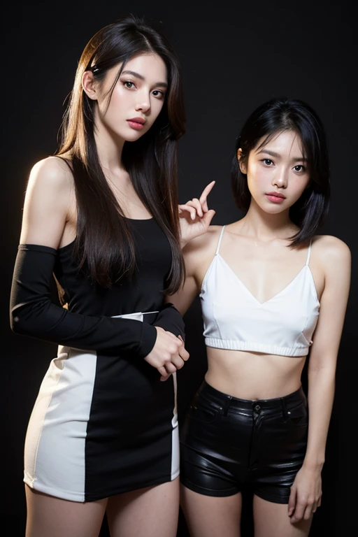 a man and a woman standing next to each other on a music band festival stage, an image, inspired by Adam Dario Keel, which is trending in the cg community, beautiful young Korean woman dressed in a black long dress movie screencap, model elisajes from acquamodels