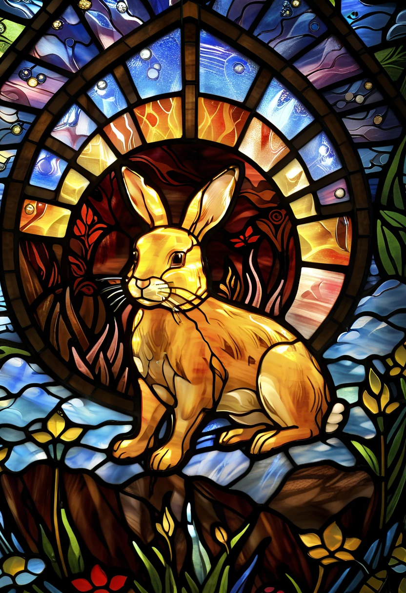 Rabbit stained glass style,rabbit made of stained glass,draw a rabbit with stained glass,best quality,4K,high resolution,Masterpiece,Extreme Detailed Description,Realistic,HDR,studio lighting,EXTREME DETAILS,Expert,vibrant colors,Bokeh,fantasy,portrait,Real,animals,glass,colorful,warm,grace,精緻 glassのパーツで出来たウサギ