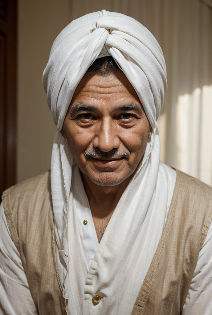 Make this photo look very realistic and detailed, arafed man in a white turban and white muslim clothes, 70 years old man, portrait shot, color portrait, close portrait, portrait photo of an old man, portrait of a old, portrait of an old, portrait picture, very detailed potrait, realistic portrait photo, close up potrait, profile portrait, very detailed face, very realistic face, very perfected face, very detailed clothes, very realistic clothes, very perfected clothes