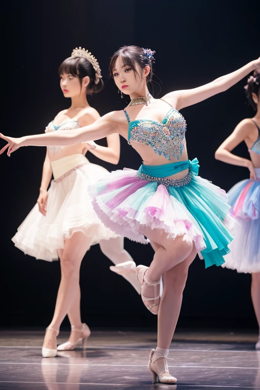Splitting characters is prohibited,(Full body shot:1.3), Must show your face, anatomy correct, Dance ballet on top of the mountain,Stockings are mandatory, Ballet costumes of any color,Pink tones, A shallow laugh, Complex and diverse backgrounds,Strangling effect,hyper HD, Ray traching, structurally correct, Award-Awarded, high detal, lightand shade contrast, Face lighting,cinmatic lighting, tmasterpiece, super detailing, high high quality, high detal, best qualityer, 16k