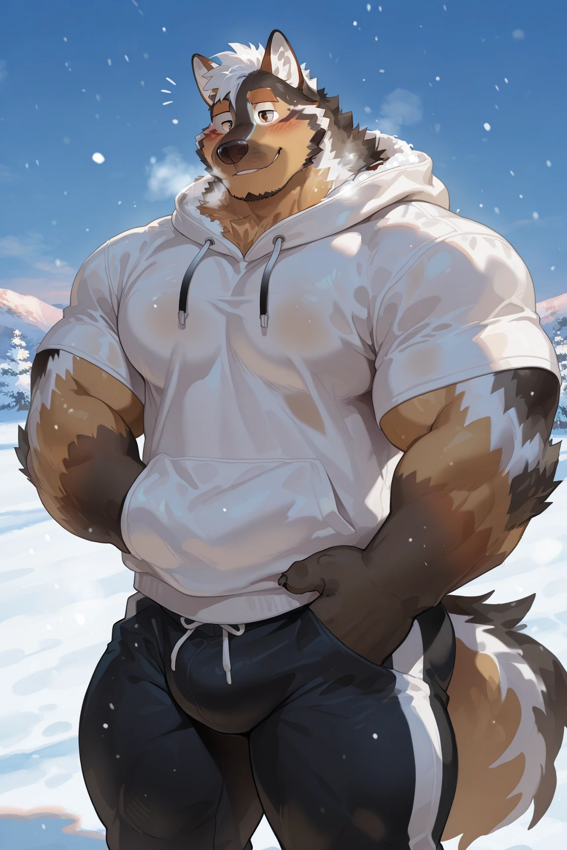 owen lorelei, muscular male, purple eyes, smile, (pose:1.3), (posing:1.3), (soft shading), 4k, hi res, ((detailed face, detailed)), (full body), by zackarry911, by zaush, (by personalami:0.5), jacket, brown jacket, white sleeves, bottomless, NSFW, big long , big balls