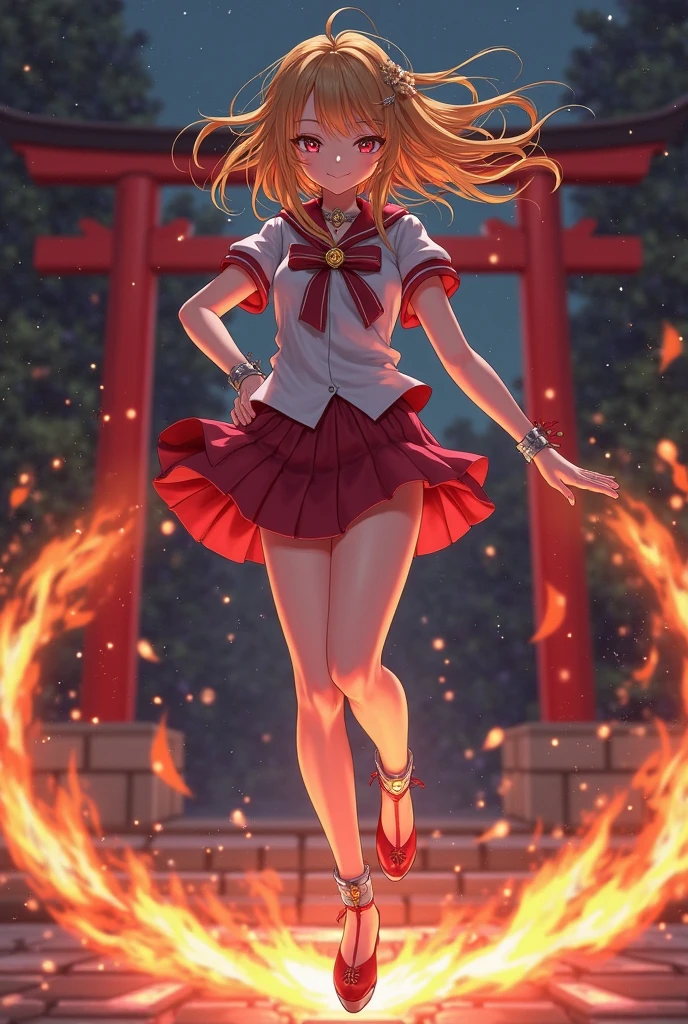 (((Burn)))、(((Inflammation)))、(((Magical girl))、(((Blonde twin tails)))、((Fire coming from the whole body))、(((Photo taken from below)))、Background fire、Strong winds、spark