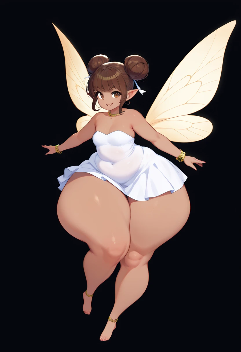 very small but extremely fat fairy, wearing a thin white dress skirt, plump round face, two large brown hair buns, lightly tanned skin, barefoot, very large pudgy belly, enormous thighs and hips, thick arms, very large chest/bust, immense gut, fupa, orange fairy wings, mischievous tight lip smile, squinting, flying in front of a shadowy black background, anime style, legs are curled up and kicking out as she floats in the air, floating stance, spun about, zoomed out/full body view