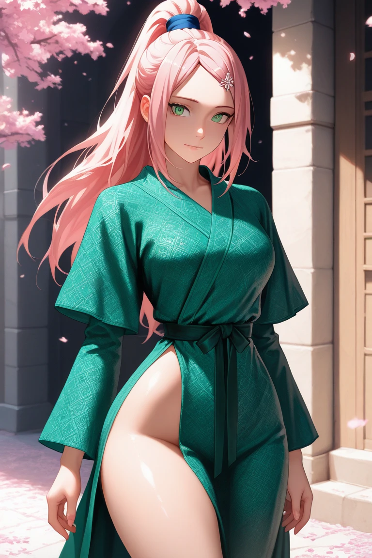 (((Tight green kimono suit uncovered ))), Masterpiece, The best quality at the best, 1girll, Sakura Haruno, BIG BREASTS,Off the shoulder clothing,transparent miniskirt ,(neckline),(Closeup of upper body),Sexy servant,is shy,smile,with pink hair, Long whitish hair, There is a woman with pink hair and stockings posing in a bathroom, Lower angle, illuminated from behind, on knees, thighs and skirt, on knees, peeping from behind, thighs close up, curvy accentuated booty, Hyperrealistic in short dress , tucked knees, bend, hugging his knees, illuminated from below, View from behind in microtanga,in WHITEmini skirt WITH THE THONG ON THE SIDE LETTING HER PUSSY BE SEEN doggy style