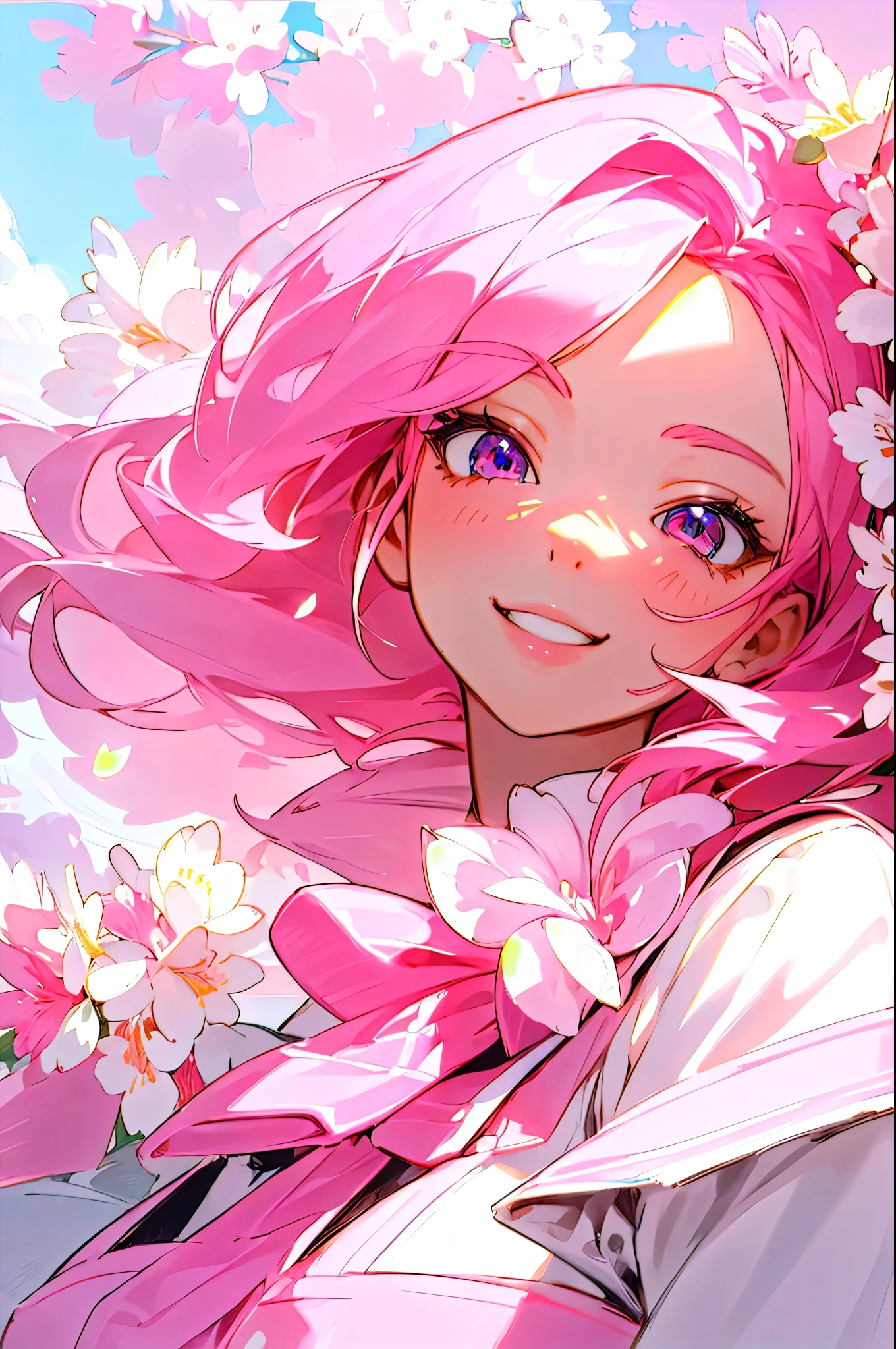 Superb Illustration、Beautiful girl、very detailed beautiful smile、extremely detailed beautiful eyes、upper body close-up、beautifully detailed pink hair、solo、Dynamic Angles、beautifully detailed pink ribbon、（beautifully detailed gorgeous pink high school uniform）、strong wind and pink flowers in the background、Pink Tone