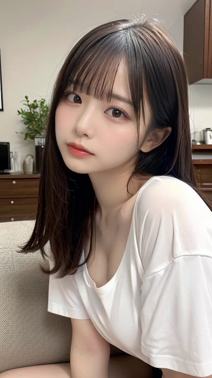 ((top-quality、8K、masterpiece:1.5))、One girl、(Unhealthy face)、(Letter to)、Blunt bangs、(Lots of bangs:1.3)、(full body Esbian:1.4)、(Symmetrical face)、hyperdetailed face、Ultra detailed mouth、A detailed eye、Detailed ears、Slim Faces、(selfee:1.3)、(off shoulders)、(Armpit)、(Looking Up)、(From above)、(Straight long hair、Ahoge:1.3)、(Upper Eyes)、the background is blurred、(Sheer shirt:1.3)、(I can see the cleavage:1.1)、lipgloss、(Beauty Salon)、(turning off lights)、