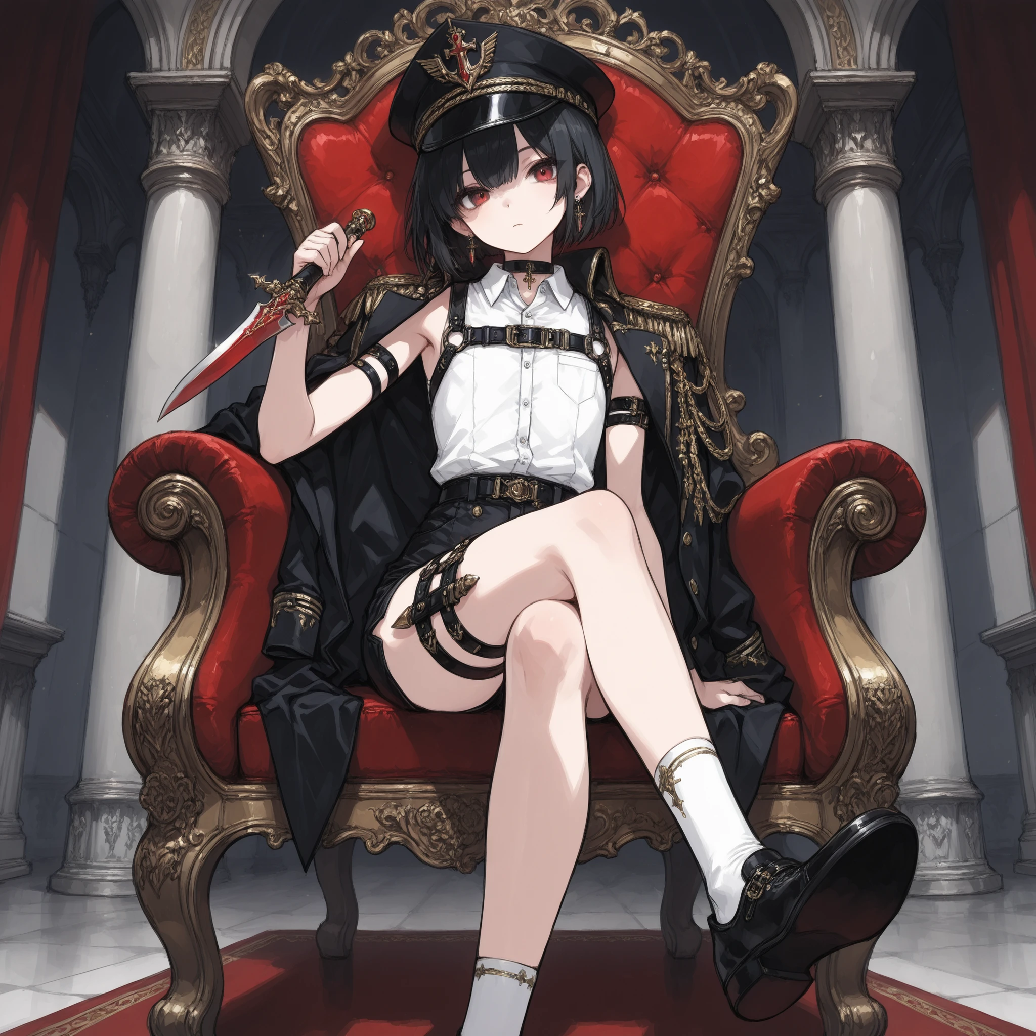 ((Best quality)), ((masterpieces)), (detailed), perfect face, SOLO, ((femboy)), tomgirl, ANIME, beautiful detailed eyes, BOB hair, BOBed hair, black hair, RED EYES, BARE thighs, (((BARE LEG))), ((BLACK short pants)), (((dress shirt))), ((Flat chest)), Choker, (knife thigh strap), (Black General's Uniform), uniform hat, ((general uniform top)), ((sleeveless)), ((harness)), arm straps, general's uniform top draped over the shoulders, expressionless, tight short black shorts, ((Holding dagger)), earring, Royal palace, GREAT HALL, red throne, cross legs, Black shoes and white socks