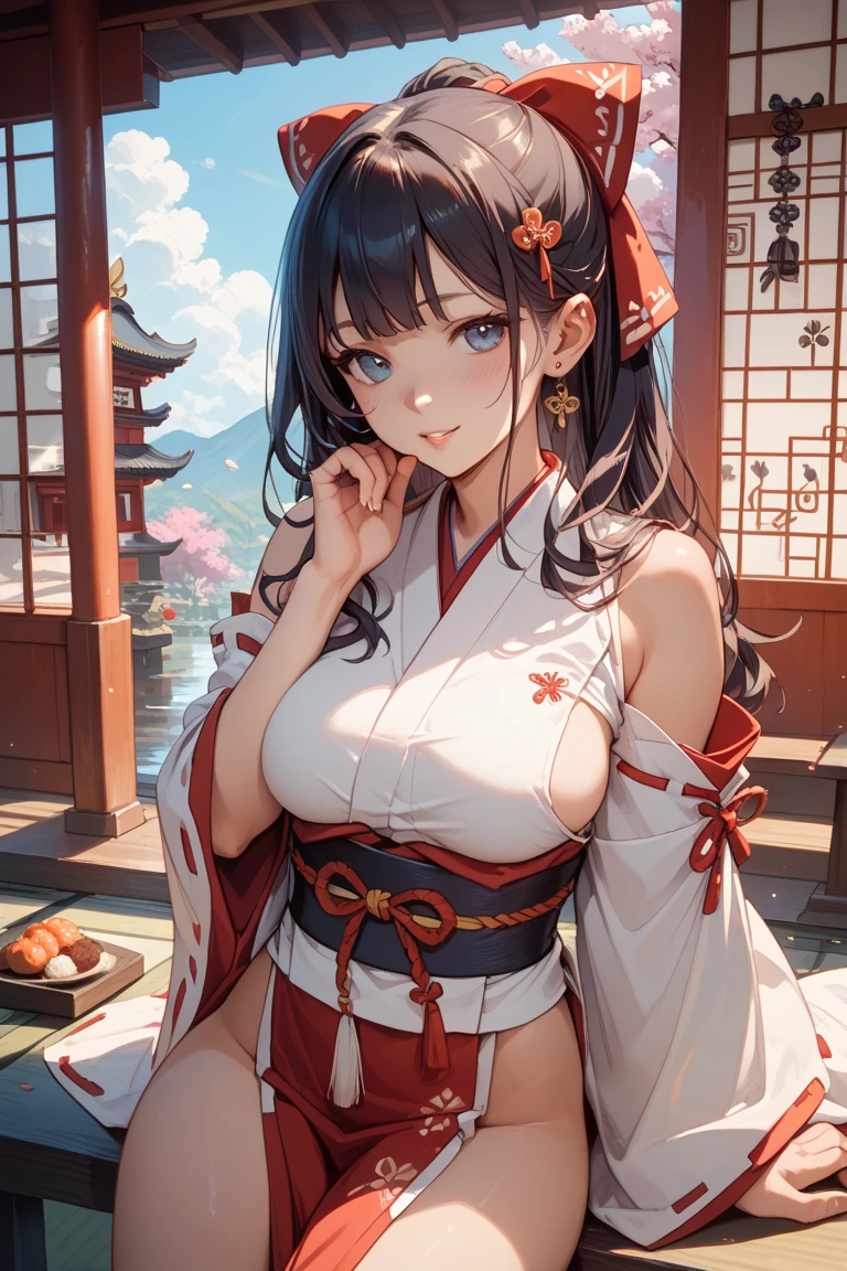 Best Quality、masutepiece、(japanes、Beautuful Women、shrine maiden、25-years old、Beautuful Women:1.5、cute little:2、spotless、g-cup)、(cloudiness、mare、torii gate)、(ssmile、slightly red cheeks)、shrines