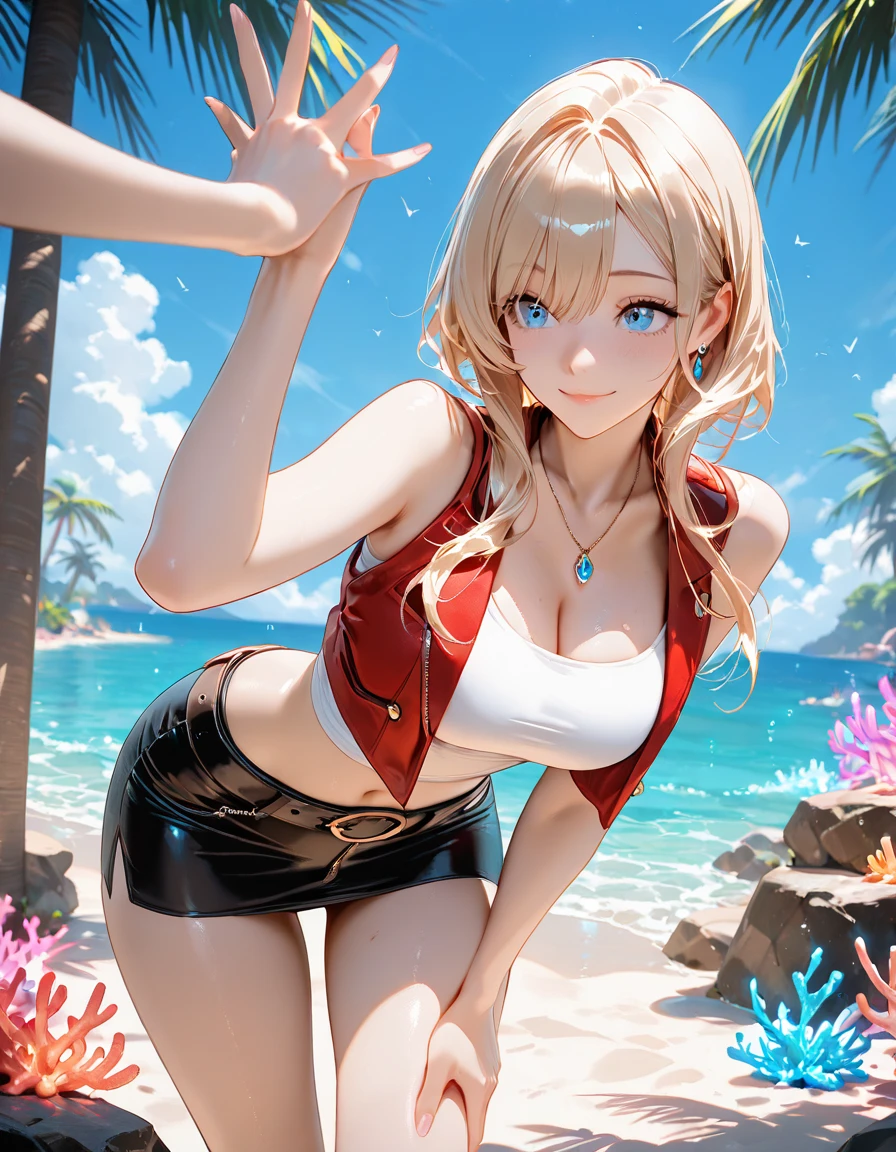 one person, Short bob hair, Small breasts(C cup),Blushing, bionde, Earrings, necklace,bracelet,anklet,Jewelry on the waist,Highest quality, Anatomically correct, Lens flare, High resolution, Highest quality, High detail, Ultra high definition, Wide-angle shot, Vast background,far and near method, Swimwear,Kneeling,Put your hands in front of you to accentuate your cleavage,From fingertips to toes,Red Bikini,Adult women,wo_evagreen01,8k octane, Illustration, Nipples do not draw,Eyes filled with tears,Looking up,Looking up at the sky and seeing the clouds,r4nd0m,Soft Light, Ghibli-style colors, Japanese Illustration Style,
