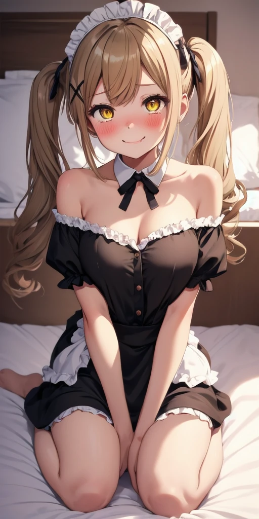 ((highest quality、High resolution、8K、masterpiece:1.3))、dynamic angle、I can see the whole body、wallpaper、1 girl、unparalleled beauty、ultimate beauty、super detailed face、delicate eyes、smile shyly、sexy look、Depth of bounds written、light particles、side light、long hair、blonde、maid、宝石で装飾されたmaid服、maidスカート、(Lifting the skirt with both hands)、((She shyly lifts up her skirt and shows her white panties.))、Open chest、big breasts、cleavage、Thighhighs、thighs、slim、slender、Old castle at night
