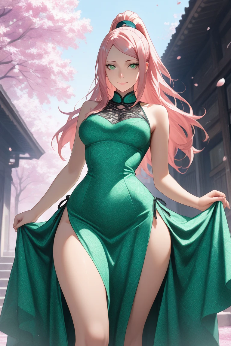 (masterpiece:1.6,best quality),(Eyes are thin and beautiful:1.2),(top of head),high quality,pretty face,huge,wide hips,convex, Plump and Mature woman,long pink hair,purple eyes, frontal photography, masterpiece, ((The background is blank: 1.3)), Front main light source,Mature, Performance, ,perfect anatomy,((White skin)),lie on the floor,bottom up photography,black body stockings : 1.3, (red cheongsam : 1.2)