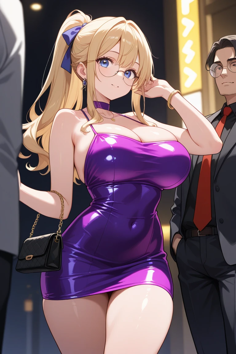Ryouna_(Senran Kagura), heterchromia, beautiful girl with fair skin, blonde hair, wearing a lustrous black dress that highlights her wide hips, wide shoulders, and big breasts, cleavage, and big ass. She is wearing open-toe heels with red painted toenails and nails. She is a tall girl standing in a crowd, with an ethereal, score_10, ballad-like atmosphere, in a 2.5D style.