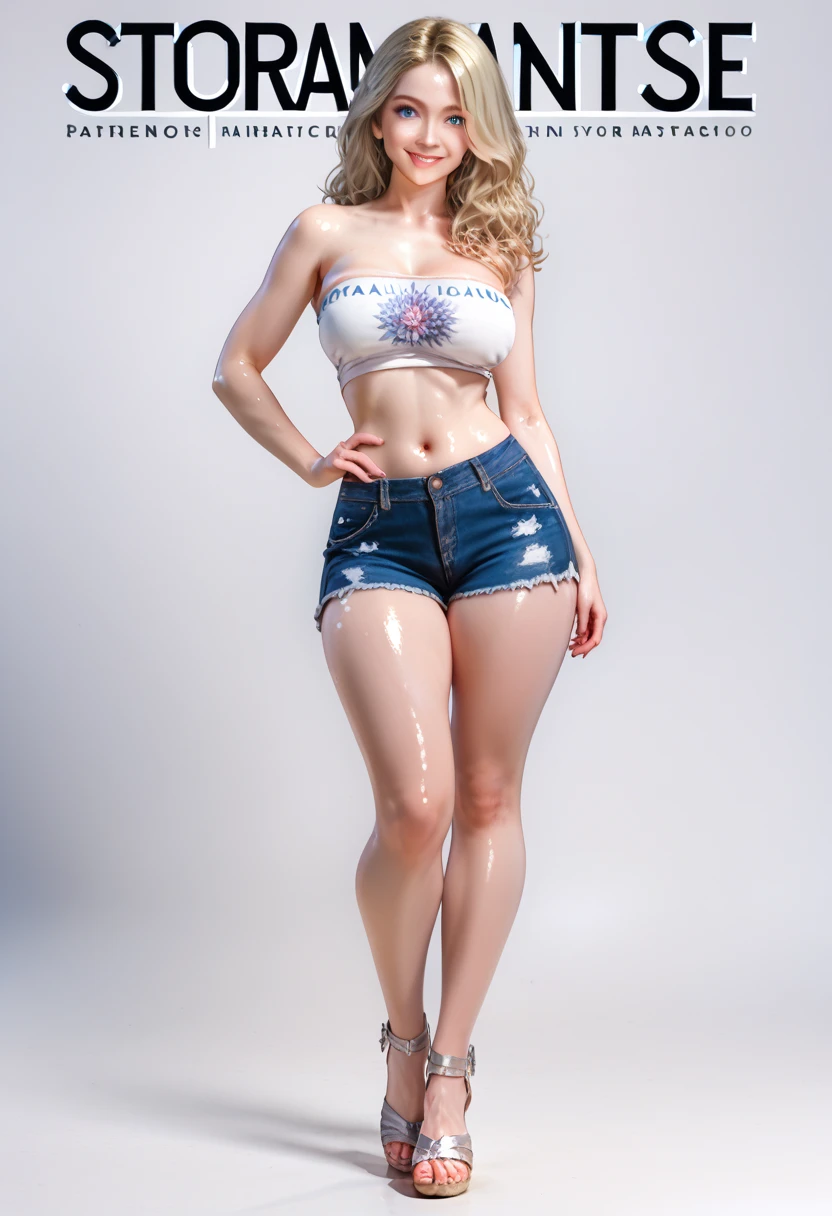 (((blonde hair, hair ornament, green eyes, ponytail, hairclip, hair over one eye, ))),((masterpiece)),high resolution, ((Best quality at best)),masterpiece,quality,Best quality,((( Exquisite facial features,looking at the audience,There is light in the eyes,lol,confidence)))Sensual Body, (White Bra), White Denim Shorts, Nike Shoes, standing, model pose, sexy legs, full-body shot.