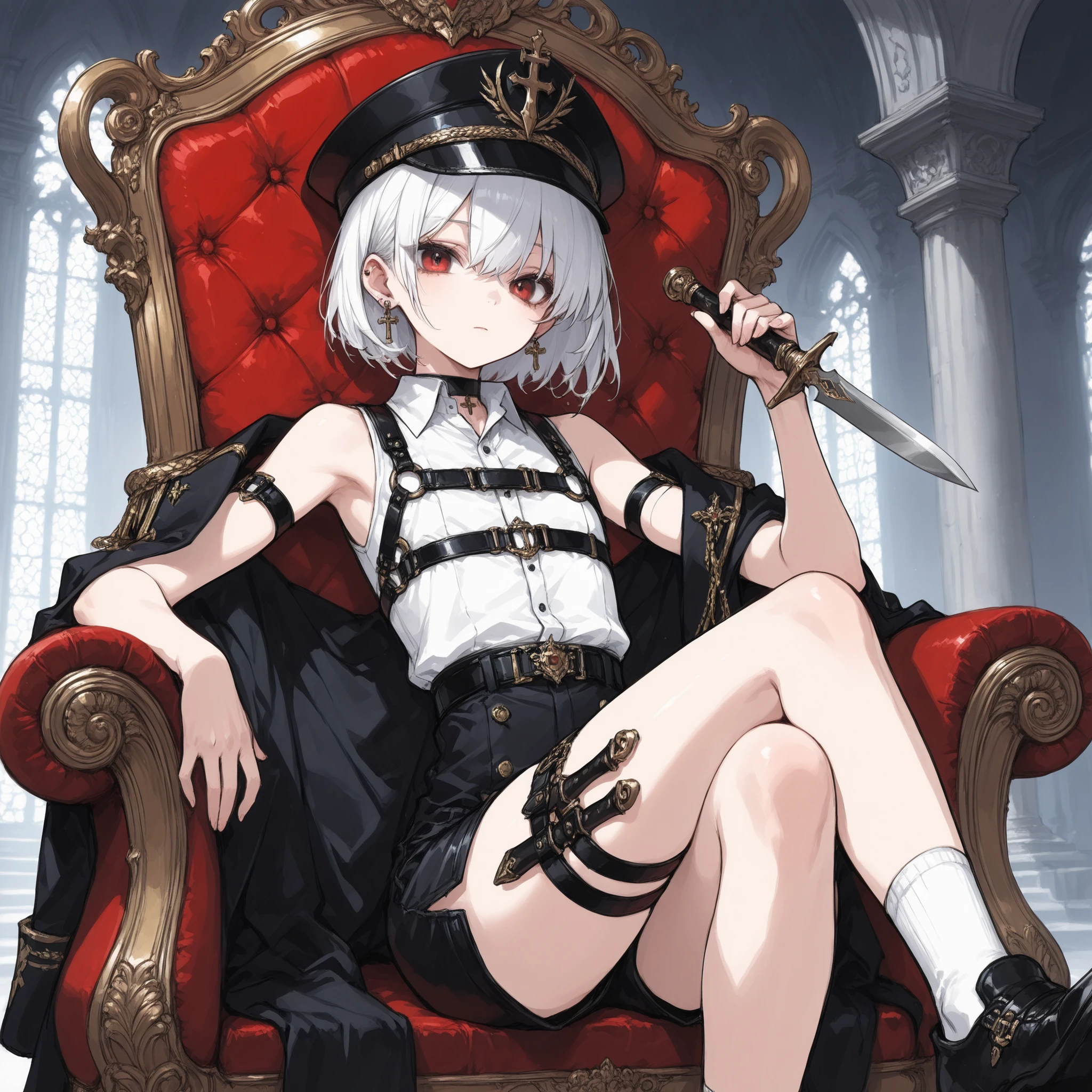 ((Best quality)), ((masterpieces)), (detailed), perfect face, SOLO, ((femboy)), tomgirl, ANIME, beautiful detailed eyes, BOB hair, BOBed hair, white hair, RED EYES, BARE thighs, (((BARE LEG))), ((BLACK short pants)), (((dress shirt))), ((Flat chest)), Choker, (knife thigh strap), (Black General's Uniform), uniform hat, ((general uniform top)), ((sleeveless)), ((harness)), arm straps, general's uniform top draped over the shoulders, expressionless, tight short black shorts, ((Holding dagger)), earring, Royal palace, GREAT HALL, red throne, cross legs, Black shoes and white socks
