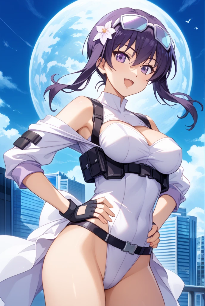 Raiden Shogun, Breasts, Purple hair,Purple eyes, Moles under eyes,1girl,team rocket,team rocket uniform,white skirt,crop top,black thigh-highs,black elbow gloves,