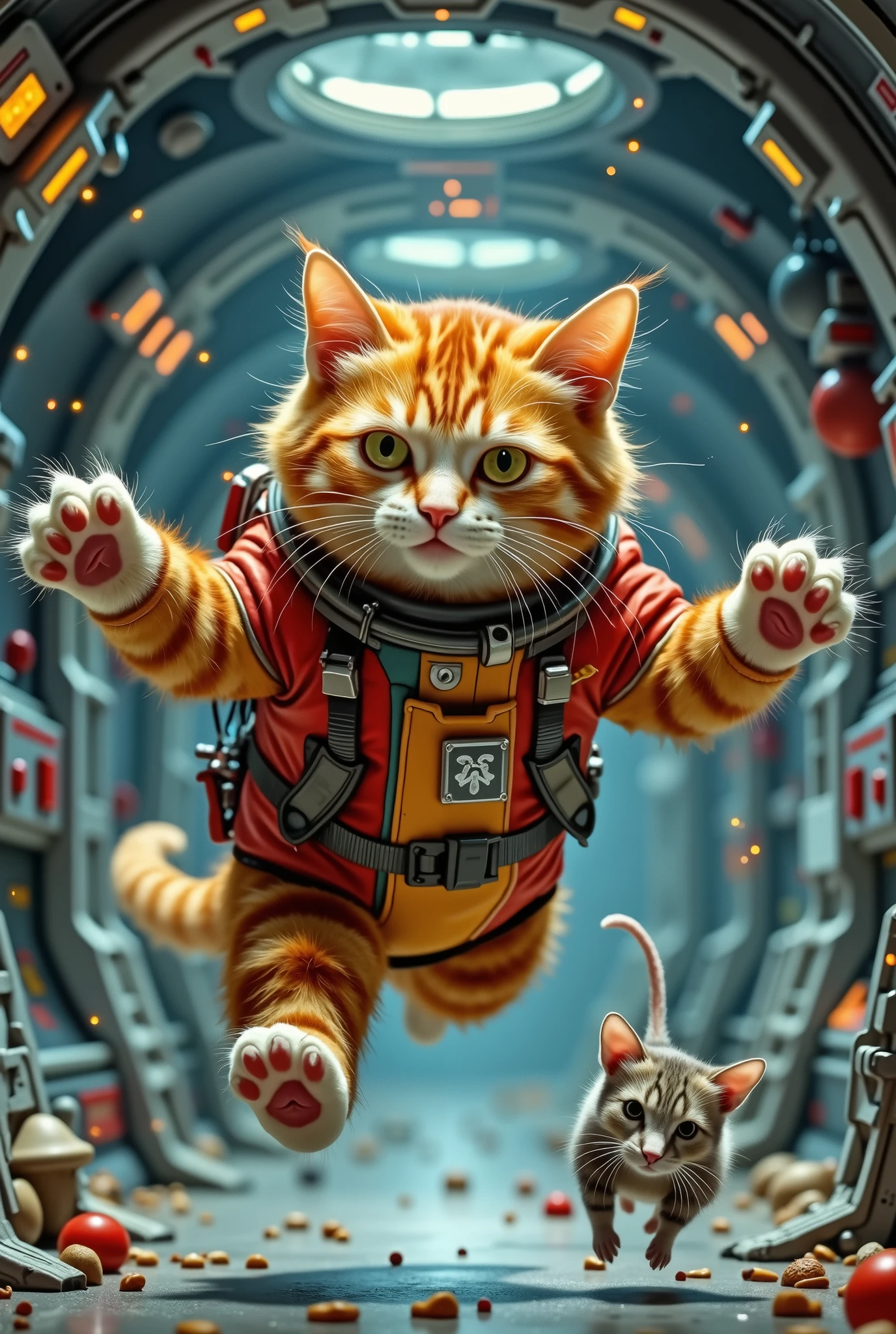 A cheerful red-haired fat cat in a spacesuit hovers in zero gravity. He's trying to catch a small, frightened gray mouse. Aboard the space station