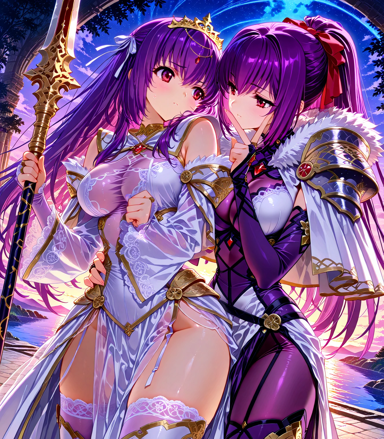 (1girl, purple hair, short hair, spiral eyes, angry, clenched teeth) (digital) (looking at viewer) (upper body) (standing), (Dark Purple Sparkling Forest background), (short skirt)) , best quality, pointy ears, colored skin, blue skin, glowing, cleavage, armor, Purple armor, gold trim, navel, voidelf, two heads, conjoined_dicephalus, 