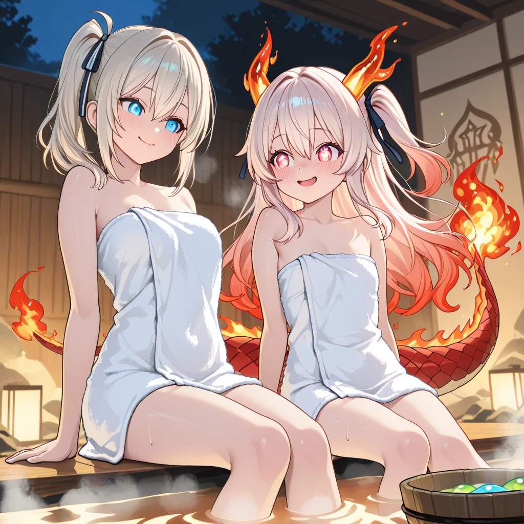 (masterpiece, best quality), 1 girl, hot spring, blush, pink hair, horns, solo, off shoulder, wrist scrunchie, outline