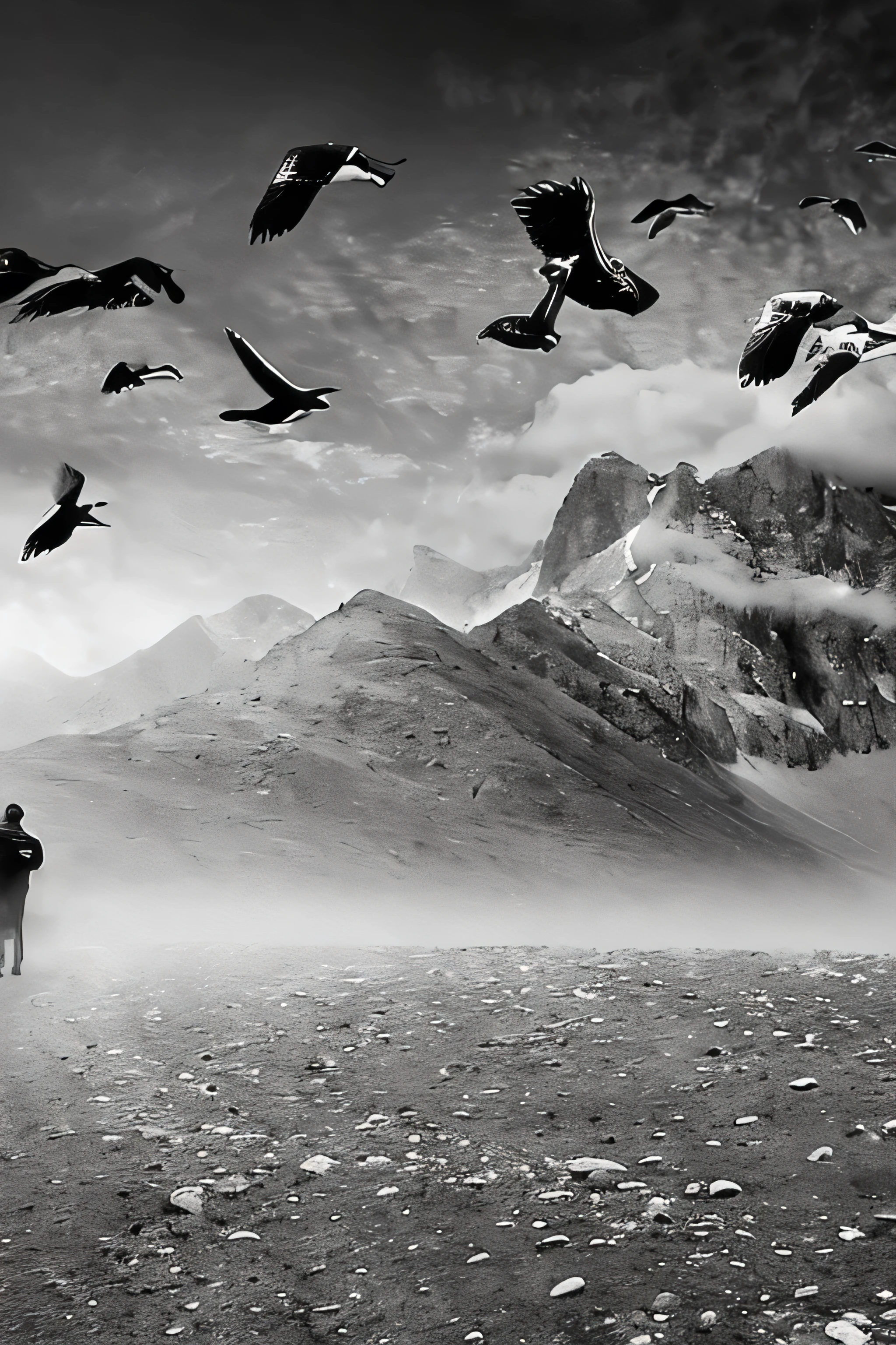 A picture of a real old man walking in mountains and flying birds in the sky on a black and white background