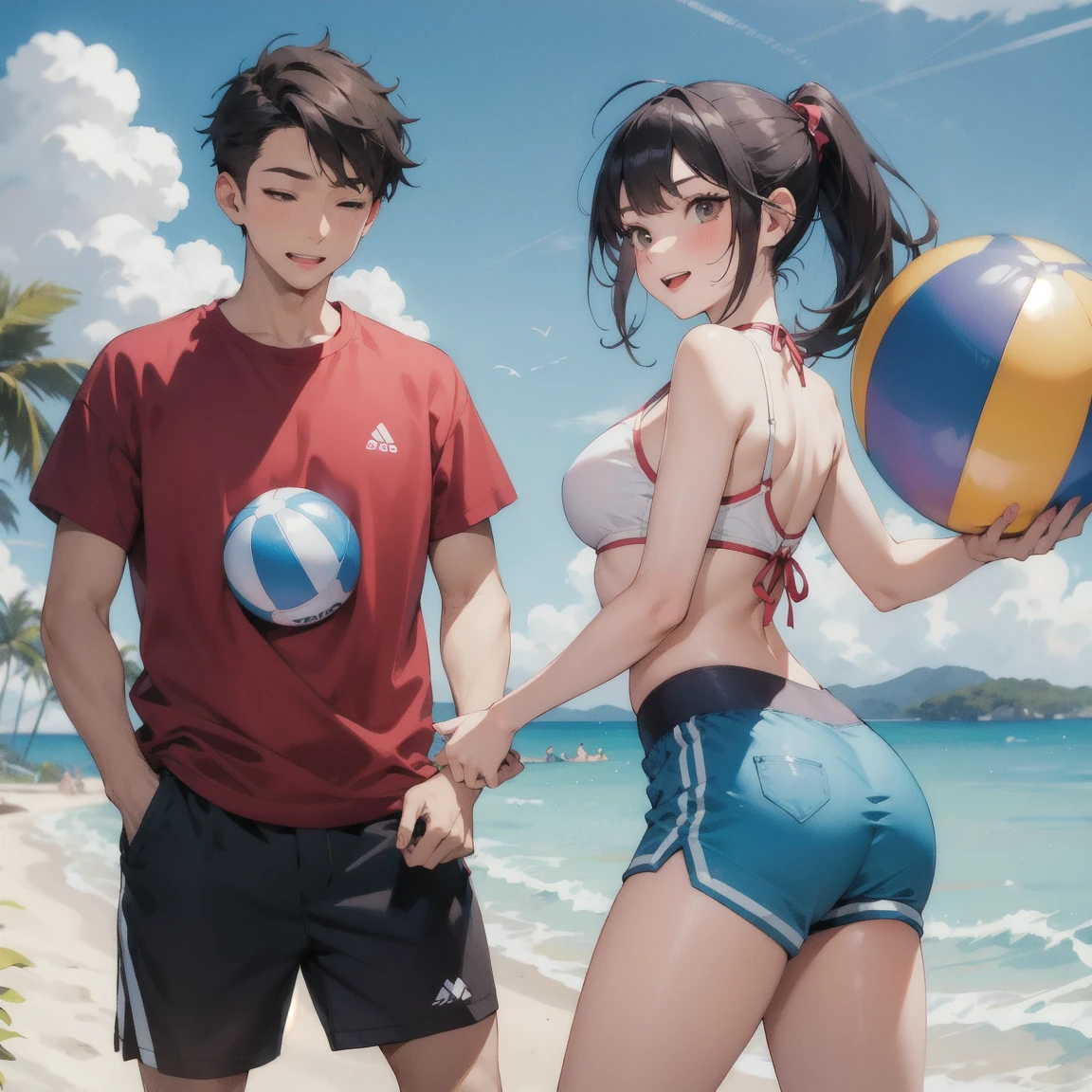 A girl and a guy play ball in the sea