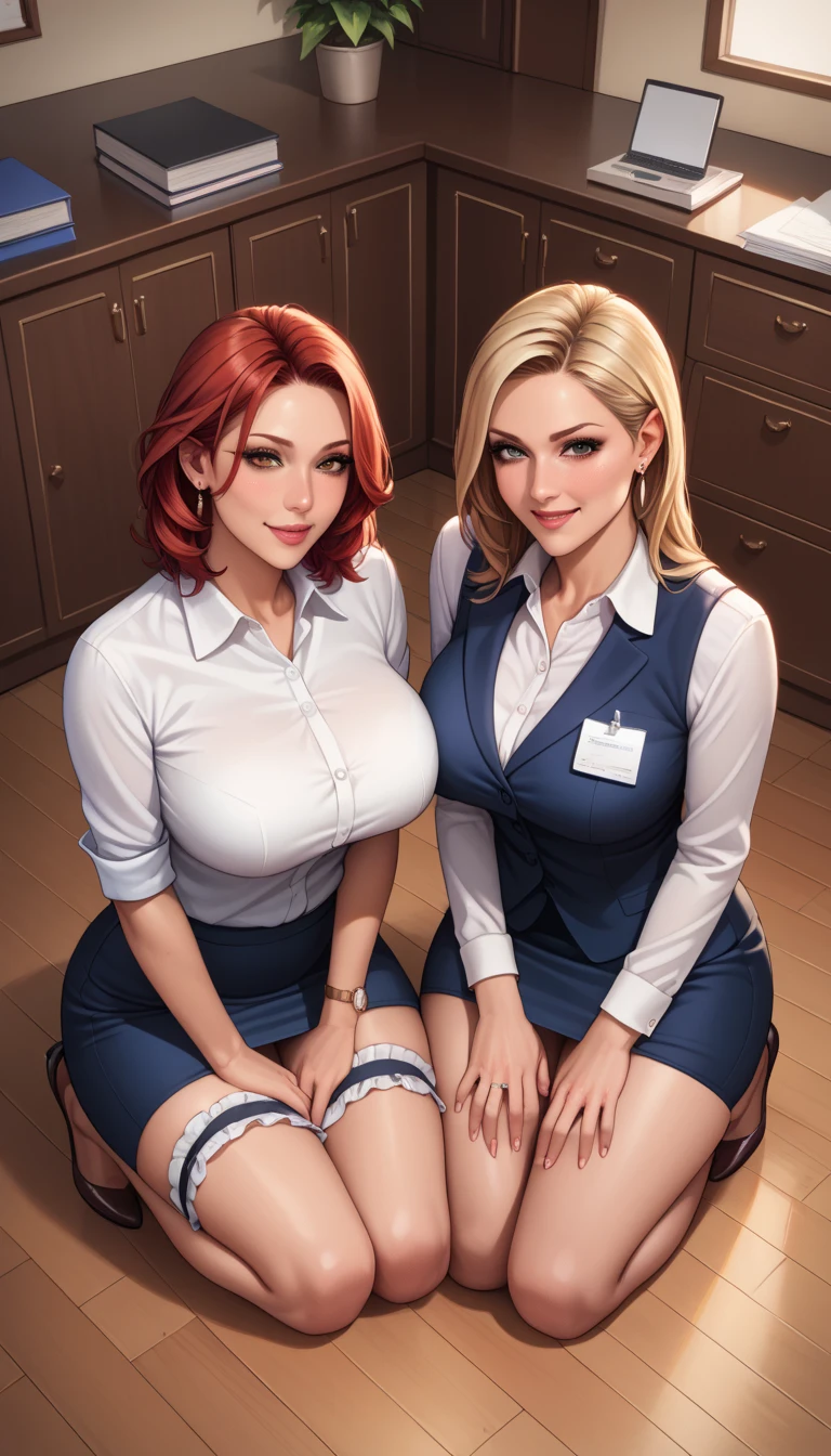 (high resolution,masterpiece,best quality, official art:1.5), realistic, photo, amazing fine details, all intricate, gloss and shiny,awesome many layers, 8k wall paper, 3d, sketch, illustration, (cleavage), lace trimmed, female business-person, glasses, slight smile, 40 years old, blonde hair, large breast, toned female, standing, Seducing Pose, at office, business suit, pantyhose, 30 denier, tight mini straight skirt, extremely shiny fabric, clothes reflecting light, extremely shiny clothes, extremely wrinkled fabric,