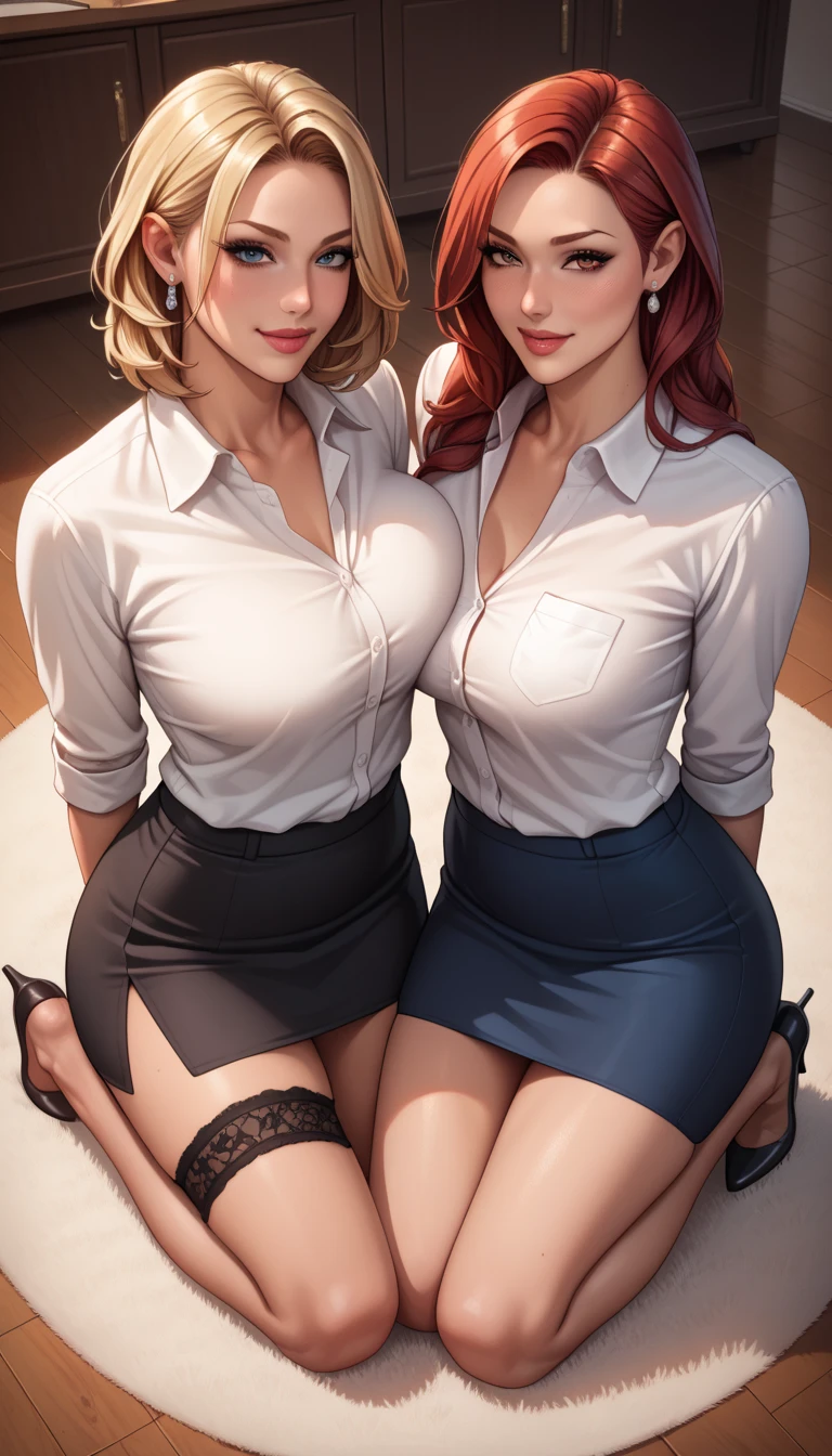 masterpiece, highest quality, Very detailed, figure, (Realistic:1.2), Two Girls, alone, Japanese、Blonde、Blue Eyes、Brown Skin, Redhead, classroom、lily,Lesbian、 Intimate, blazer, Glamour, boots, Improve, pantyhose, Pleated skirt、Gal、teacher、Camel Toe、Giant tit、Nipple Puffs、Cleavage、Plump、Super big breasts、Super big butt、Quite lewd、No bra