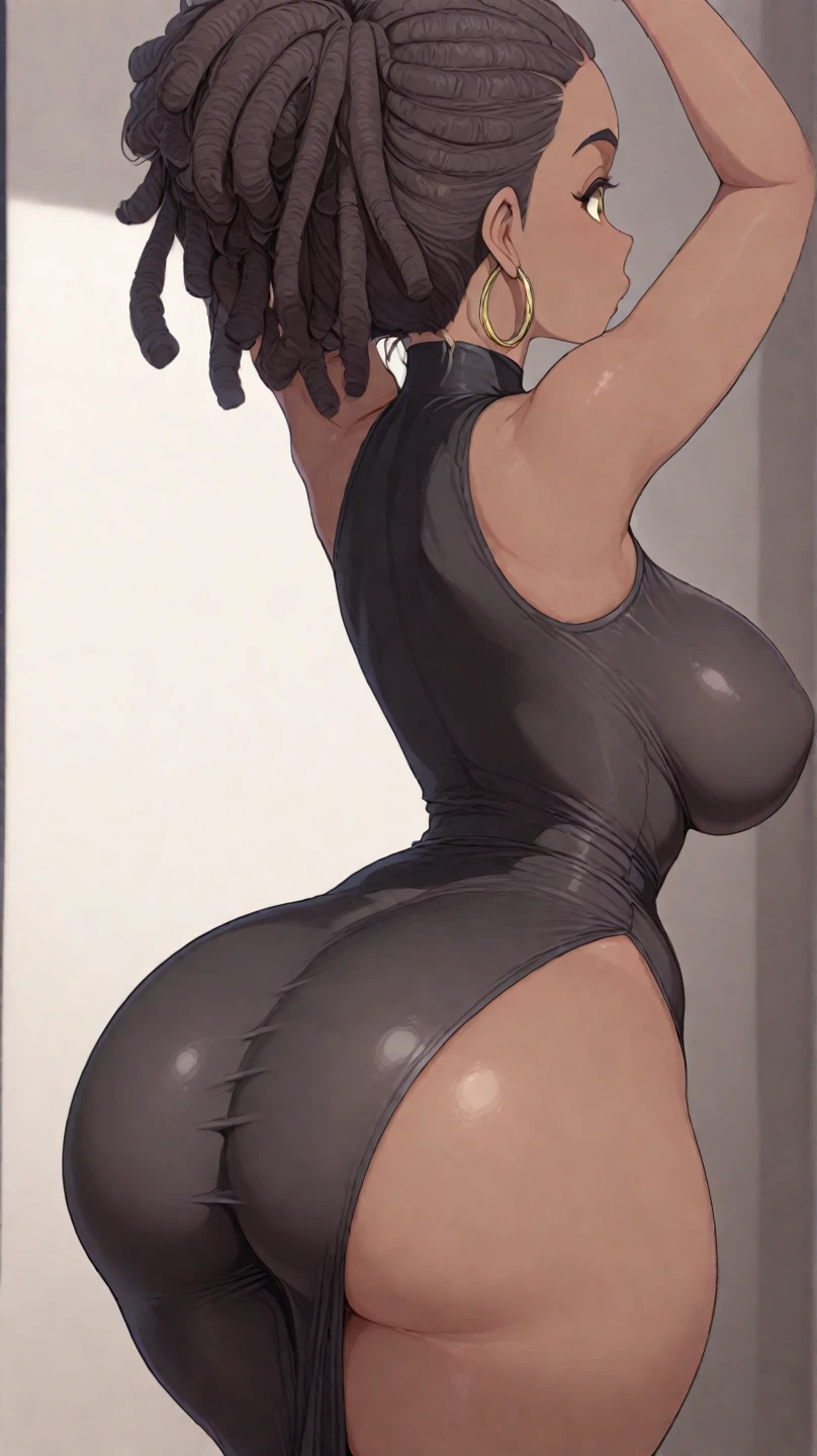 1girl,solo,super detailed skin,shiny skin,tanned skin,expressionless face,gold hair,bob hair,hime cut,blunt bangs,half open eye,eyelashes,lips gloss ,large breasts,asymmetry body suit,Shinobi clothes,black boots,fishnet,standing ,butt,Only one butt see-through ,simple background ,from behind ,wind magically ,masterpiece,best quality,ultra detailed,high resolution,sharp focus